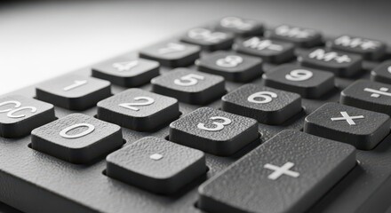 Closeup of a calculator keypad with numbers and symbols