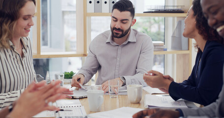 Conversation, meeting and paperwork with business people in boardroom of office for discussion....