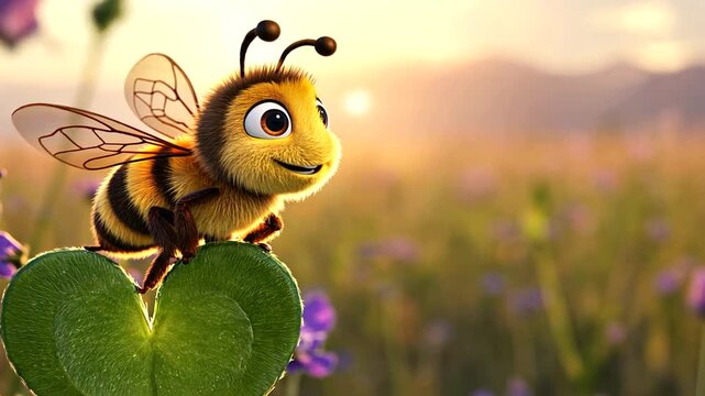 A cheerful cartoon bee perched on a green leaf in a vibrant flower field during sunset