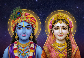 Divine Couple Radha and Krishna in Celestial Splendor