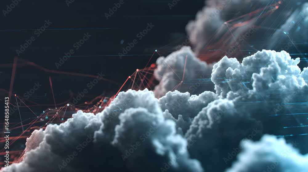 Poster cloudscape of connectivity: a stunning cloudscape is interwoven with network lines, symbolizing the 