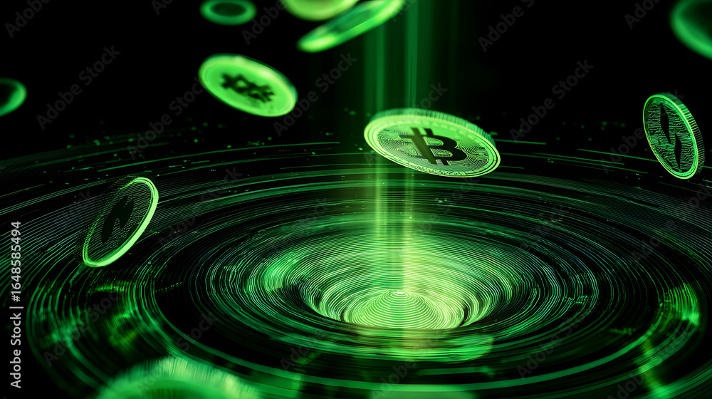 Poster bitcoin's digital downpour: bitcoin icons are cascading into a mysterious vortex of digital currency