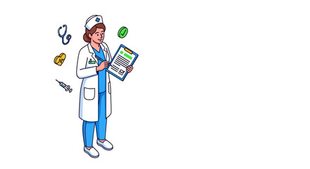 Isometric illustration of a female nurse in a white coat and blue scrubs writing on a clipboard, surrounded by medical icons.