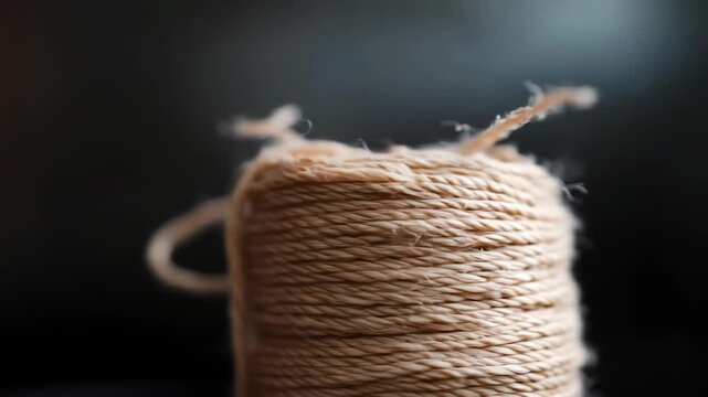 Close-up of brown twine spooling, demonstrating detail and texture of the fibrous material