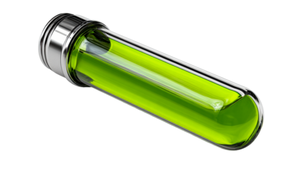 Vial with vibrant green liquid and metallic cap on a light textured surface, cut out transparent