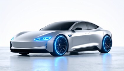 Fototapeta premium Futuristic white sports car with blue accents, low-profile aerodynamic body, black wheels, and glowing blue headlights—set on a reflective surface that amplifies its sleek, high-tech allure.