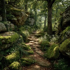 Sun-drenched stone path through mossy forest