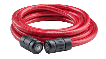 A vibrant red hose, professionally coiled, standing out against a stark transparent backdrop