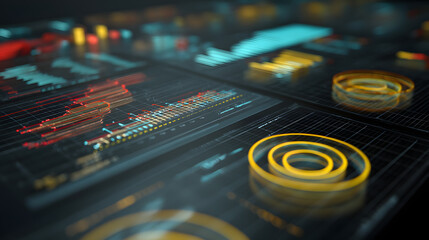 Digital Data Analysis: Dive into the realm of technology with this captivating image of a futuristic digital data display, where intricate graphs and illuminated panels converge.