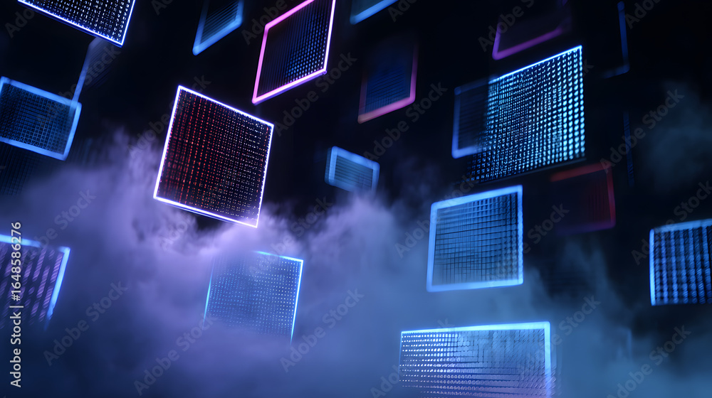 Poster digital data cloud: abstract futuristic design of illuminated digital data blocks floating against a