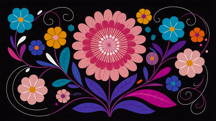 A vibrant vector illustration of a stylized floral design on a black background