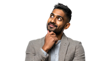 Indian Man in Jacket Pondering with Hand on Chin Against White Background, cut out transparent