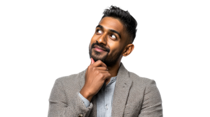 Indian Man in Jacket Pondering with Hand on Chin Against White Background, cut out transparent