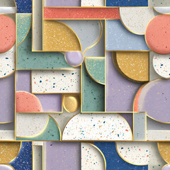 Bauhaus shape pattern with terrazzo fill and holographic outlines