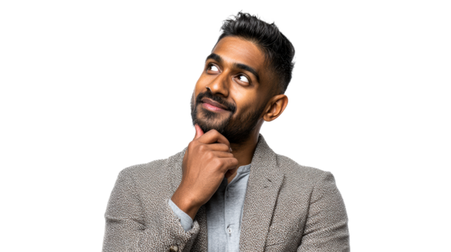 Indian Man in Jacket Pondering with Hand on Chin Against White Background, cut out transparent