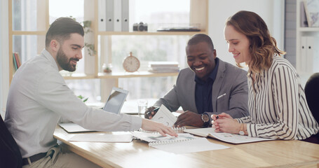 Meeting, paperwork and business people in office with planning for finance budget proposal. Laptop, documents and team of financial advisors with investment report in collaboration at workplace.