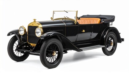 Vintage black convertible with gold accents, tufted brown leather interior, spoked wheels, and classic grille&mdash;showcasing early 20th-century automotive elegance and craftsmanship.