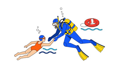 Scuba diver assisting a swimmer with a life preserver nearby