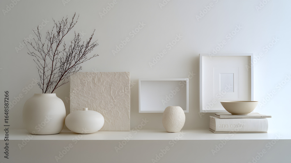Poster minimalist display: a collection of minimalist, monochromatic objects artfully arranged on a shelf, 