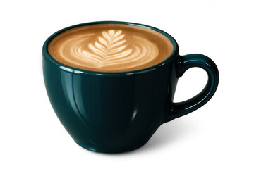 Cappuccino in green ceramic mug, featuring intricate latte art pattern, clean transparent backdrop highlighting beverage design