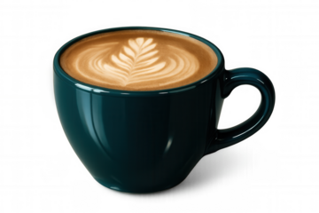 Cappuccino in green ceramic mug, featuring intricate latte art pattern, clean transparent backdrop highlighting beverage design