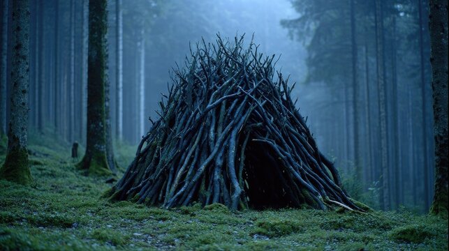 Misty forest with a twig lean-to shelter