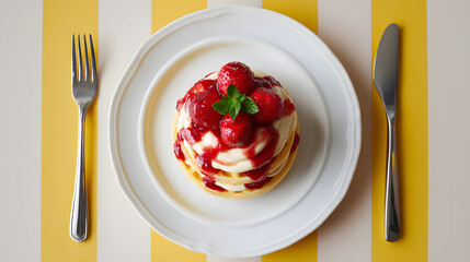 Sweet Stack of Delight: A culinary masterpiece of fluffy pancakes is drizzled with a vibrant strawberry compote and topped with fresh berries and a sprig of mint.