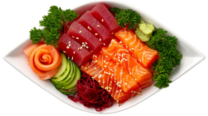 Fresh Tuna and Salmon Sashimi Platter with Garnishes, cut out transparent