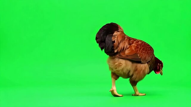 Dynamic brown hen walking confidently against green screen background perfect for animation and advertising needs