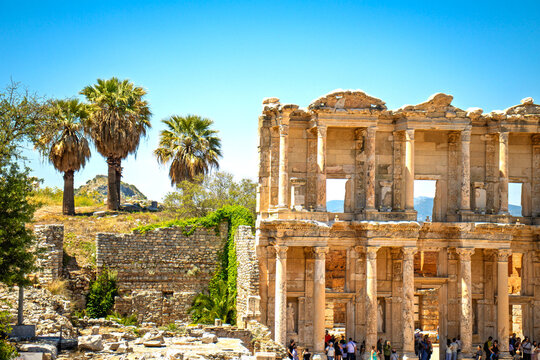 Library of Celsus, Library of Celsus ruins in Ephesus or Efes Ancient City. The historical building in Izmir, T&uuml;rkiye is an important touristic excursion area.	