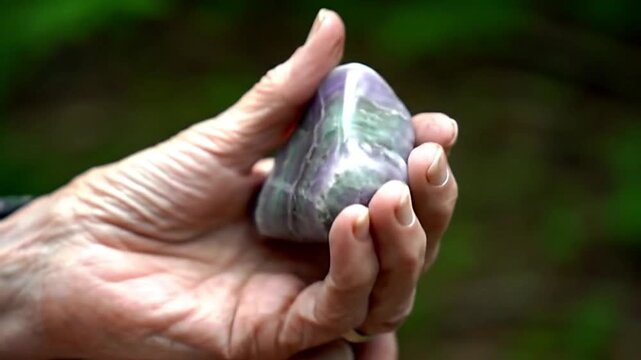 Elderly hands holding a polished fluorite crystal in a natural setting