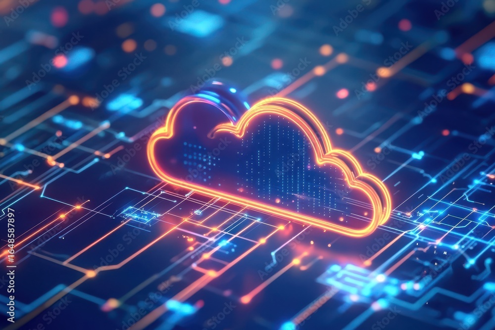 Poster digital cloud computing concept illustration with abstract network lines, nodes and glowing edge det