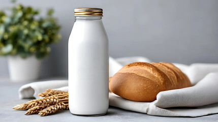 Fresh milk bottle with bread on a rustic table setting.