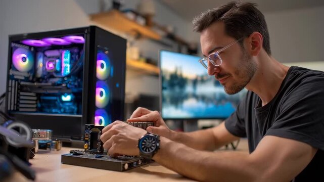 Man assembling a computer with RGB lighting, showcasing tech and DIY passion.