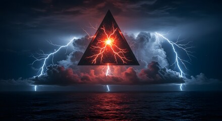 Dramatic lightning storm over the sea with a glowing triangle in the sky at night