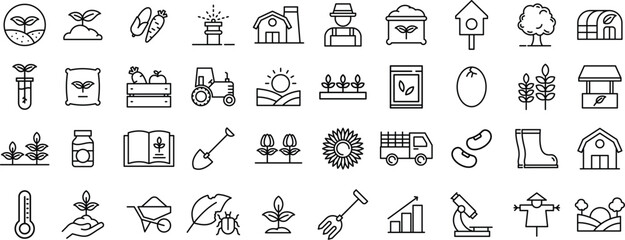 Farming and Agriculture Line Icon Set – Farm Tools, Plants, and Harvest Symbols