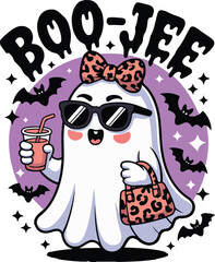 Boo-Jee – Chic Leopard Print Ghost with Sunglasses, Handbag and Drink Halloween Illustration