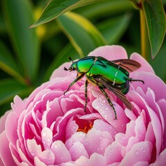 green beetle on pink flower