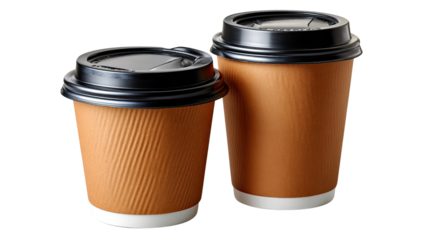 Coffee Cups on the go: A pair of disposable coffee cups, with lids in a photorealistic arrangement, ready for a convenient grab-and-go experience.