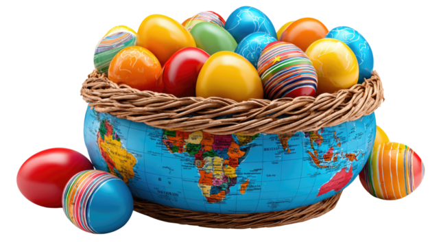 A World of Easter Eggs: A vibrant display of multi-colored Easter eggs in a wicker basket shaped like the earth, symbolizing the global celebration of spring and renewal. - Powered by Adobe
