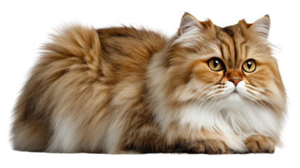 Golden Chinchilla Cat Portrait: A luxurious golden chinchilla cat lounges gracefully, its long, plush fur and captivating eyes stealing the spotlight. The image exudes an air of elegance and charm.