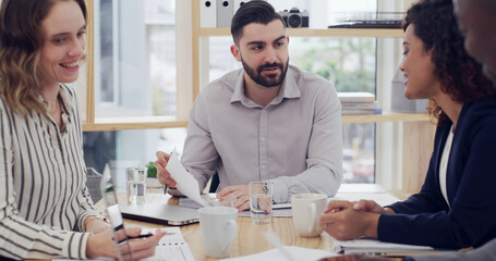 Document, smile and business people in meeting for planning, support or brainstorming together. Discussion, group and employees with proposal, workshop or training for project collaboration or report