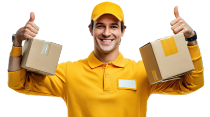 Delivering Smiles: A cheerful delivery person in a bright uniform, carrying packages, enthusiastically gives two thumbs up, epitomizing prompt service and a positive customer experience.
