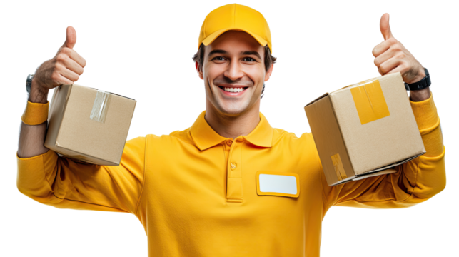 Delivering Smiles: A cheerful delivery person in a bright uniform, carrying packages, enthusiastically gives two thumbs up, epitomizing prompt service and a positive customer experience.