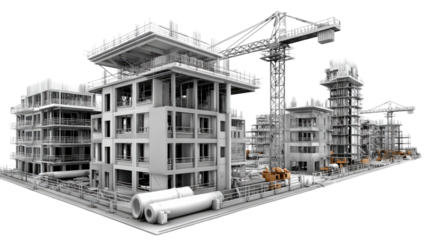 Construction Site: A bustling construction site with cranes and partially built buildings depicts the ongoing progress of an urban project, illustrating the transformation of a city skyline.