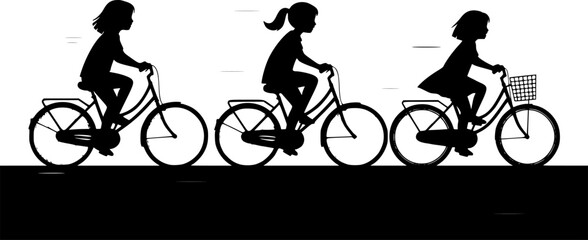 Obraz premium three children riding bicycles, silhouettes, black and white, side view, simple background