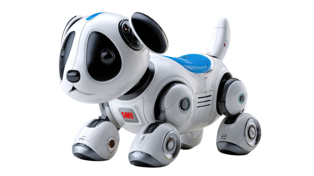 Robotic Dog: A futuristic robotic dog stands poised, exuding an appealing design with sleek lines and technological precision. A glimpse into the future of companionship and pet care.