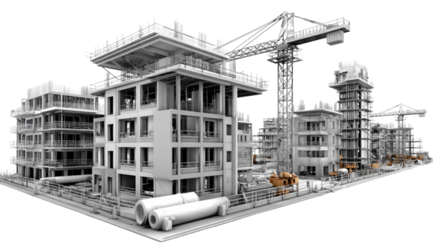 Construction Site: A bustling construction site with cranes and partially built buildings depicts the ongoing progress of an urban project, illustrating the transformation of a city skyline.