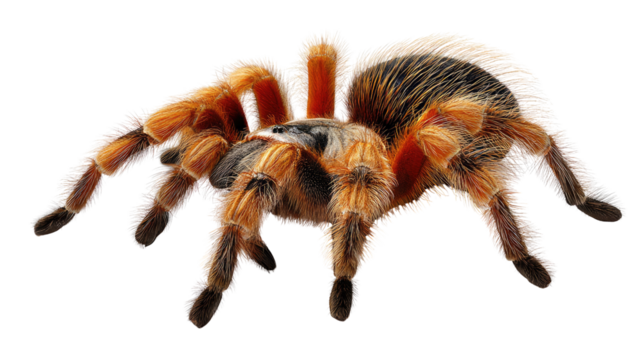 Tarantula: An up-close, isolated view of a vibrant tarantula, its intricate features and textures highlighted against a background, perfect for a detailed study of this fascinating arachnid.