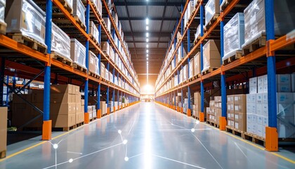 Vast warehouse aisle with high shelves stocked with packaged goods; network overlay